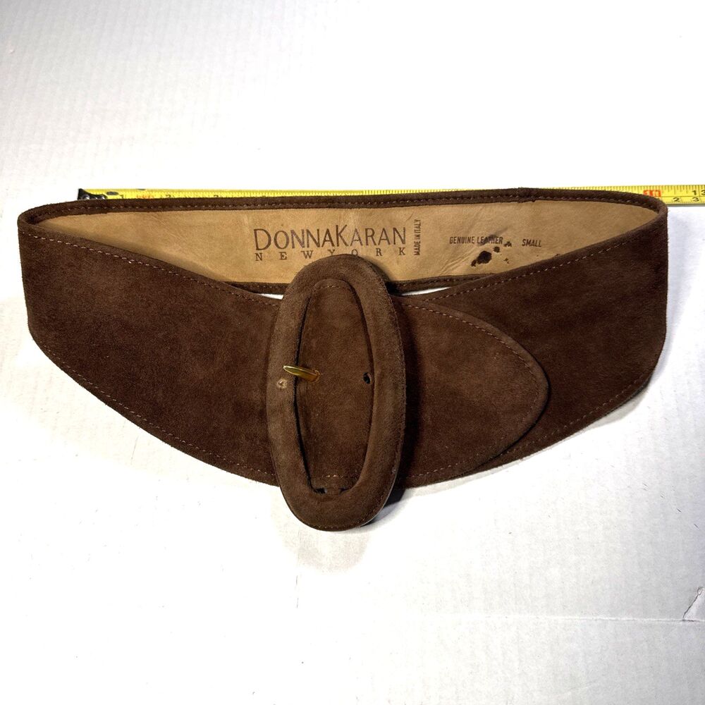 Vintage 80-90s Donna Karan Belt Brown Suede Leather Wide Belt Buckle Italy Sz S
